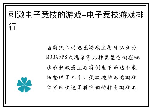 刺激电子竞技的游戏-电子竞技游戏排行